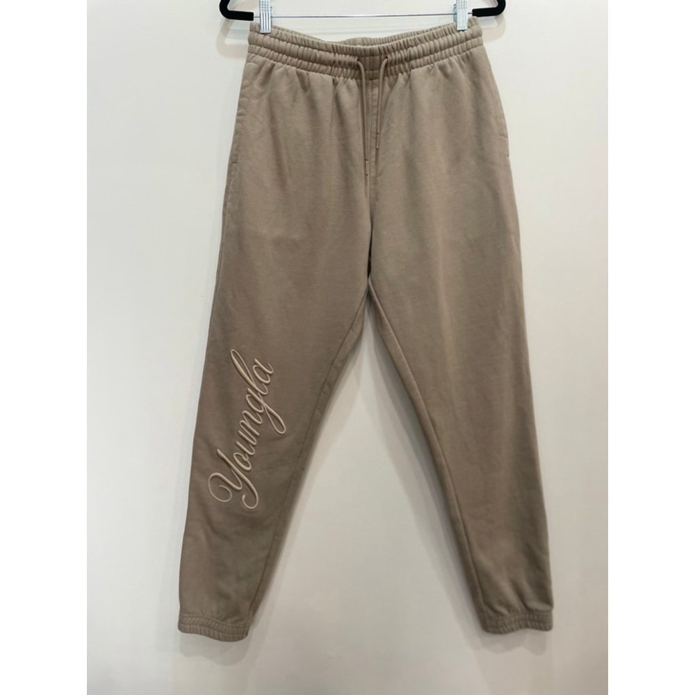 YOUNGLA Beige Sweatpants Joggers M Embroidered Logo Drawstring Gym Heavyweight